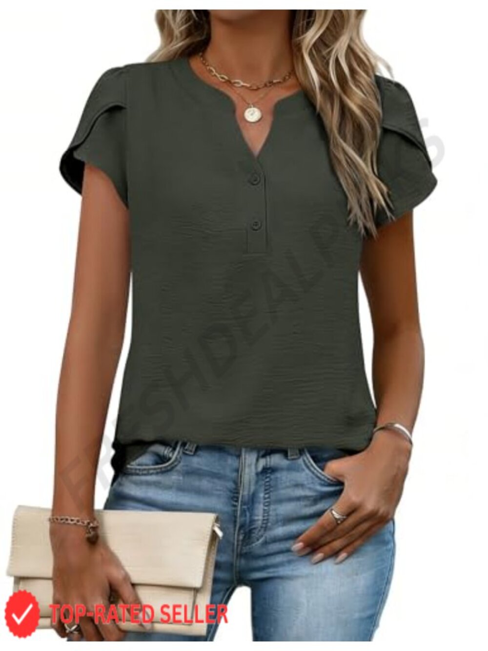 Women's Textured Blouse Cap Sleeve V Neck Henley Work Top